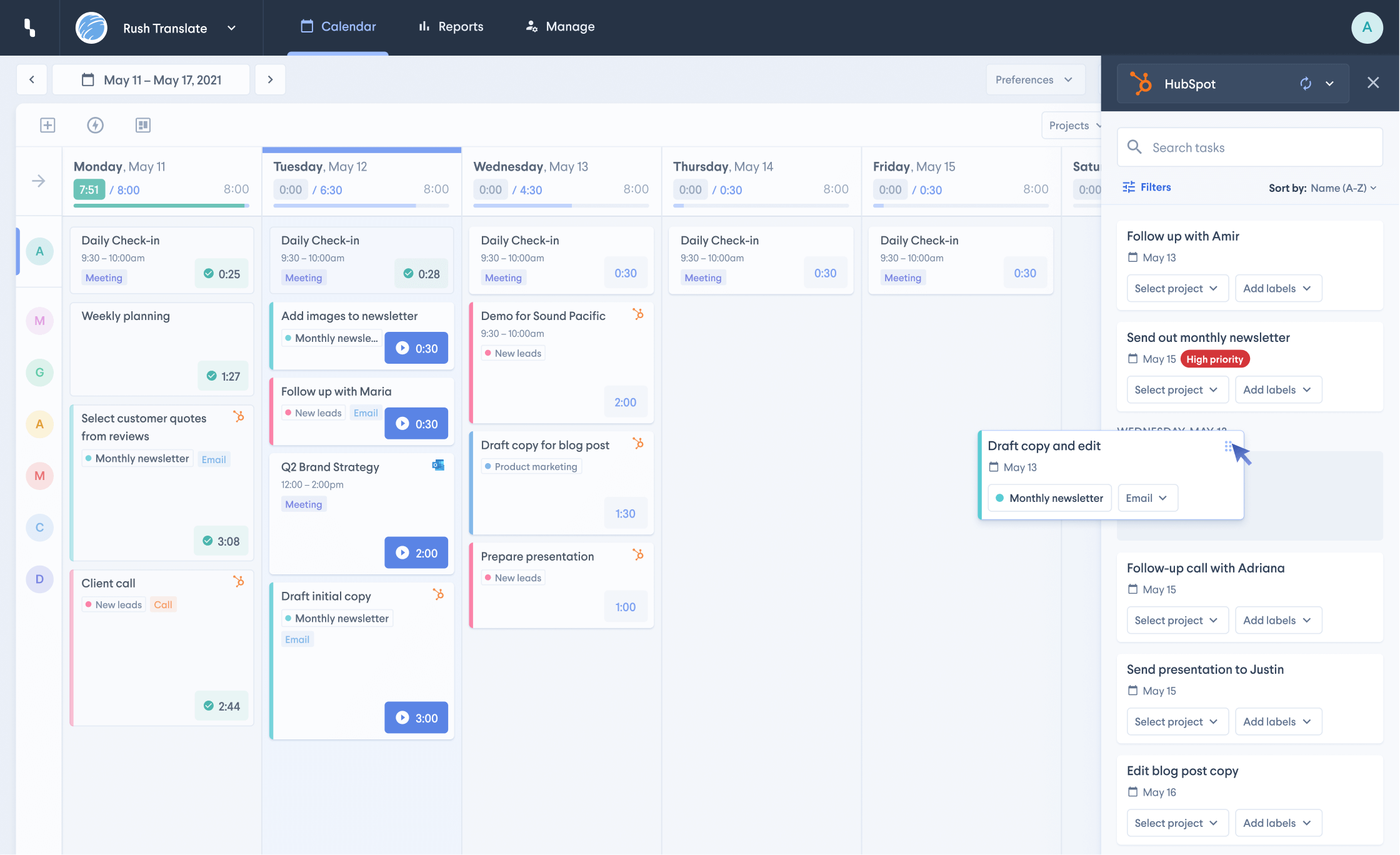 Simple drag and drop interface for connecting HubSpot tasks in HourStack