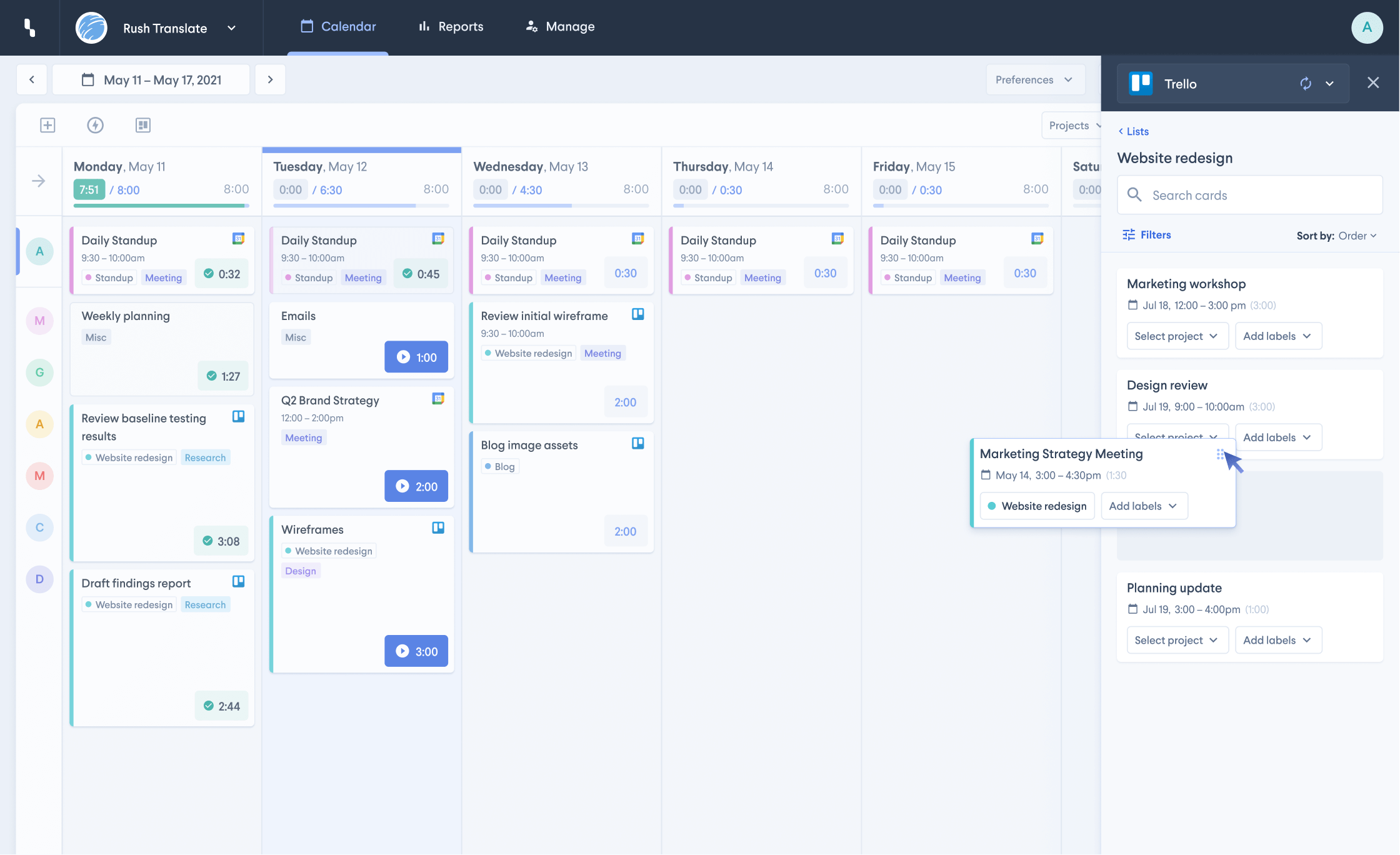 Simple drag and drop interface for connecting Trello tasks in HourStack